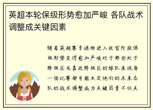 英超本轮保级形势愈加严峻 各队战术调整成关键因素